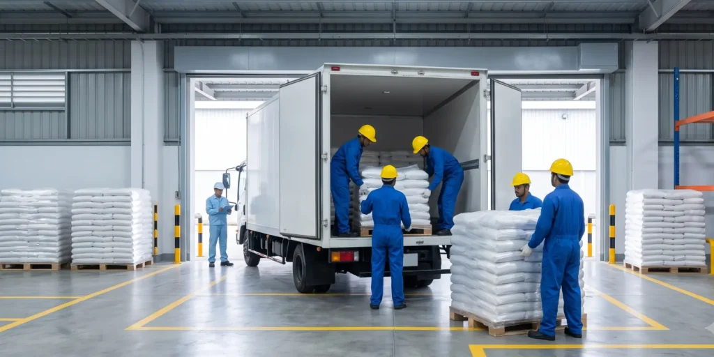 Pallets of 25kg water softener salt being loaded for direct delivery across Al Ain, Abu Dhabi and Dubai