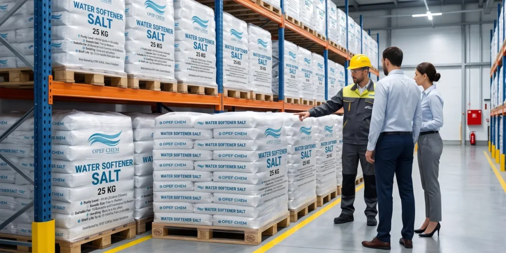 Client inspecting 25kg water softener salt with an OpefChem supervisor at the Al Ain production facility