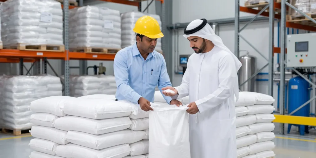 Warehouse holding 25kg bags and 1000kg jumbo bags of water softener salt tablets in stock year round